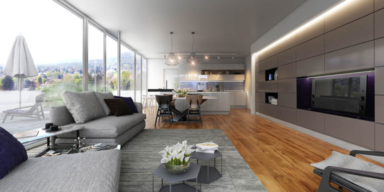 vizualizace interieru obývacího pokoje s výhledem na terasu a kuchyní vše v moderním stylu