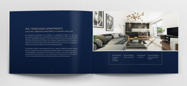 ukázka dvoustrany katalogu a povídání o interiérech projektu